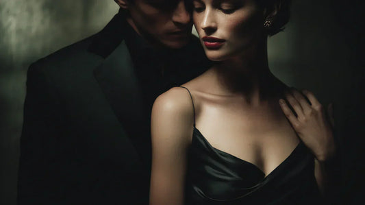 Close-up of an elegant couple in sensual tension, woman in a black dress with soft lighting