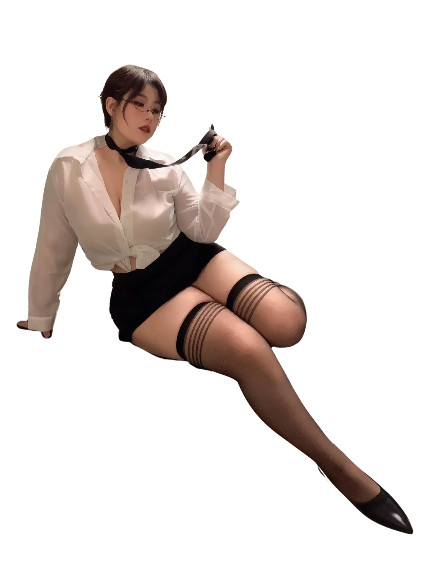 Plus size model posing in sexy secretary costume with necktie and sheer stockings – XEXYNYX office roleplay set