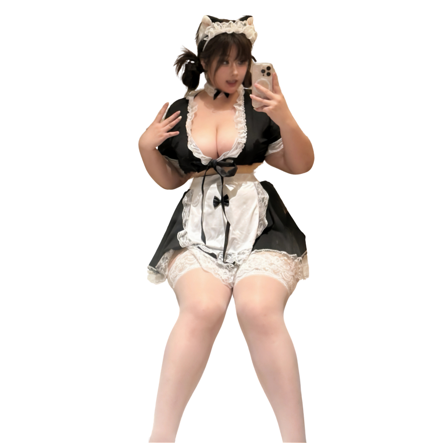 Plus-size model posing in a cat maid costume on a white background, wearing black-and-white lace dress with cat ear headband and white thigh-highs.
