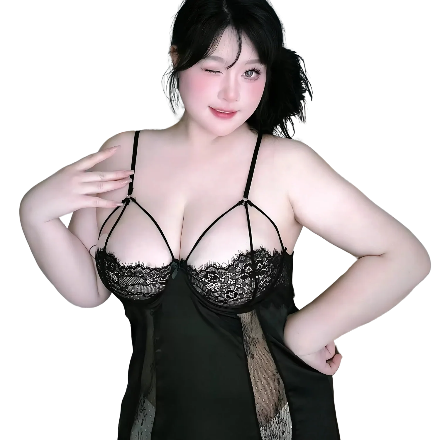 Curvy model in plus size lingerie and cosplay costume from XEXYNYX