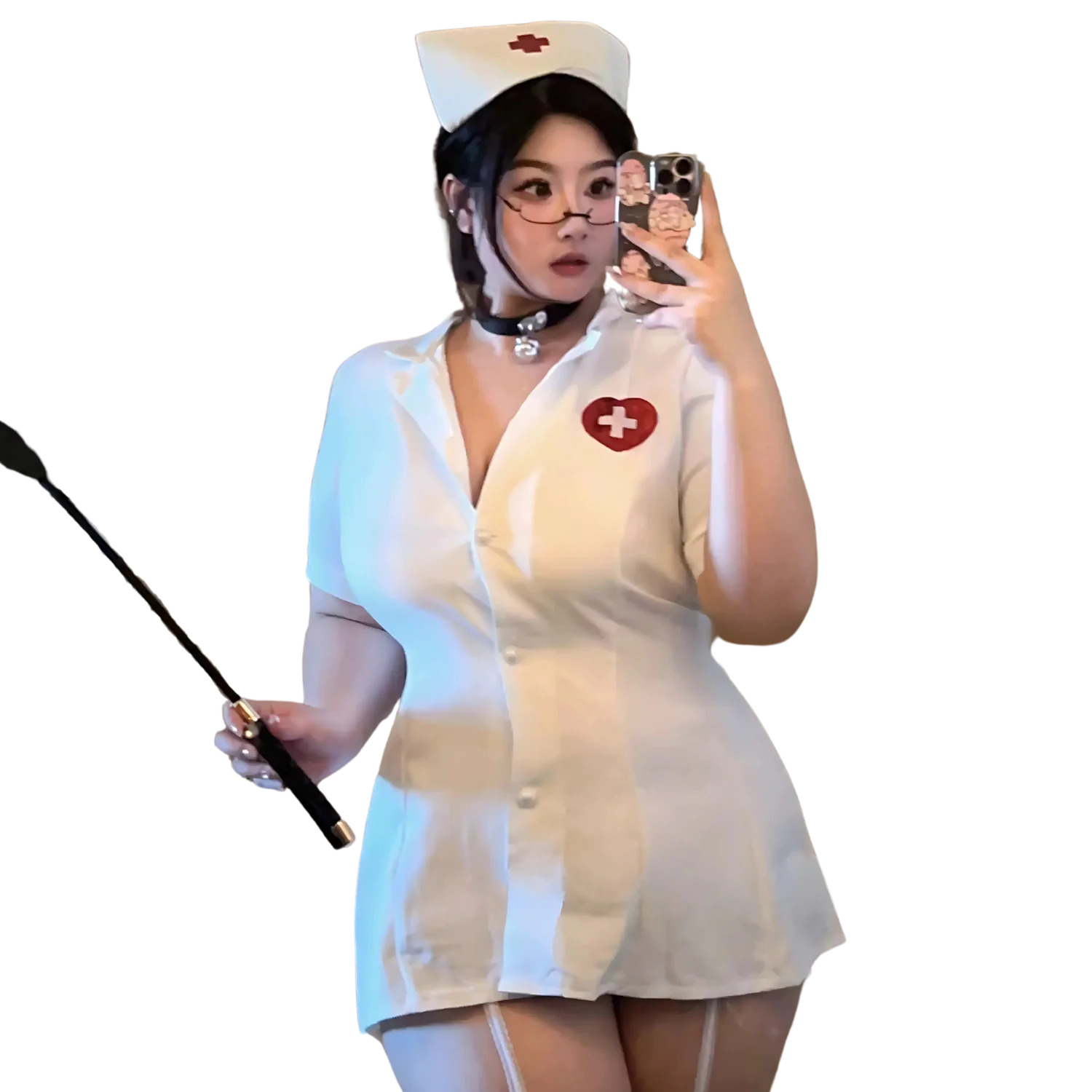 Plus size sexy nurse costume with white mini dress, red cross patch, nurse cap, and stethoscope choker – part of XEXYNYX’s Sexy Career Collection