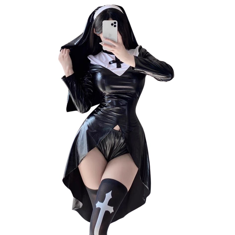 Dark Temptation Nun Cosplay Set – Sexy Gothic Costume with Cross Stockings
