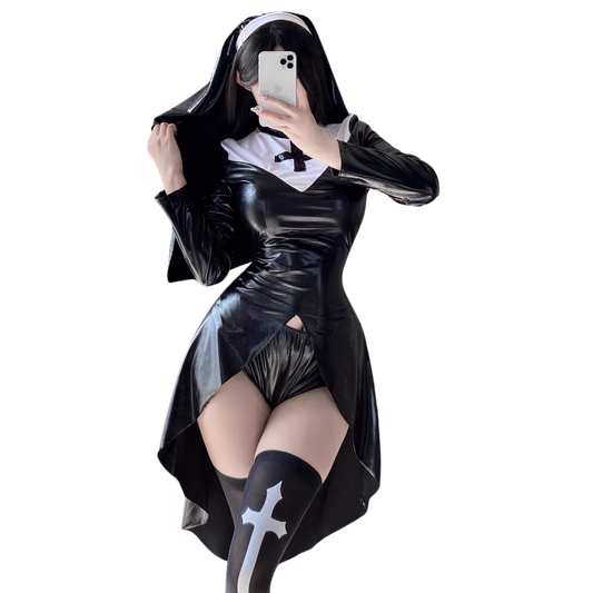 Dark Temptation Nun Cosplay Set – Sexy Gothic Costume with Cross Stockings