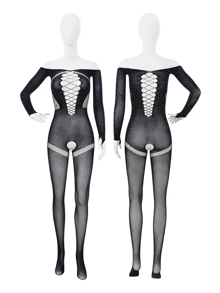 Front and back view of black full-body fishnet lingerie with open crotch and lace-up design on mannequin.