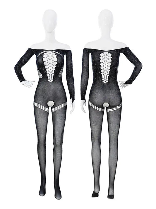 Front and back view of black full-body fishnet lingerie with open crotch and lace-up design on mannequin.