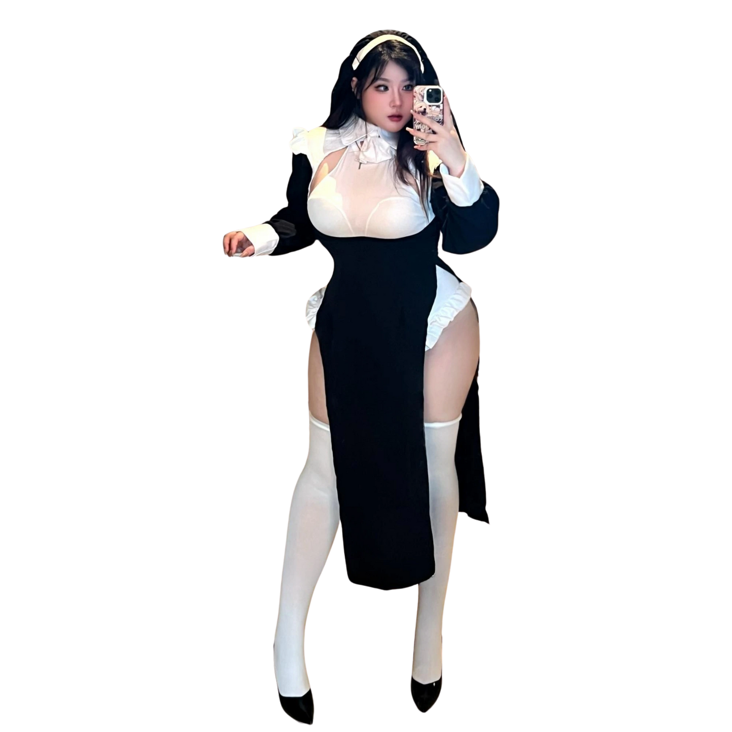 Full view of nun lingerie costume on model, isolated on white background for product display.