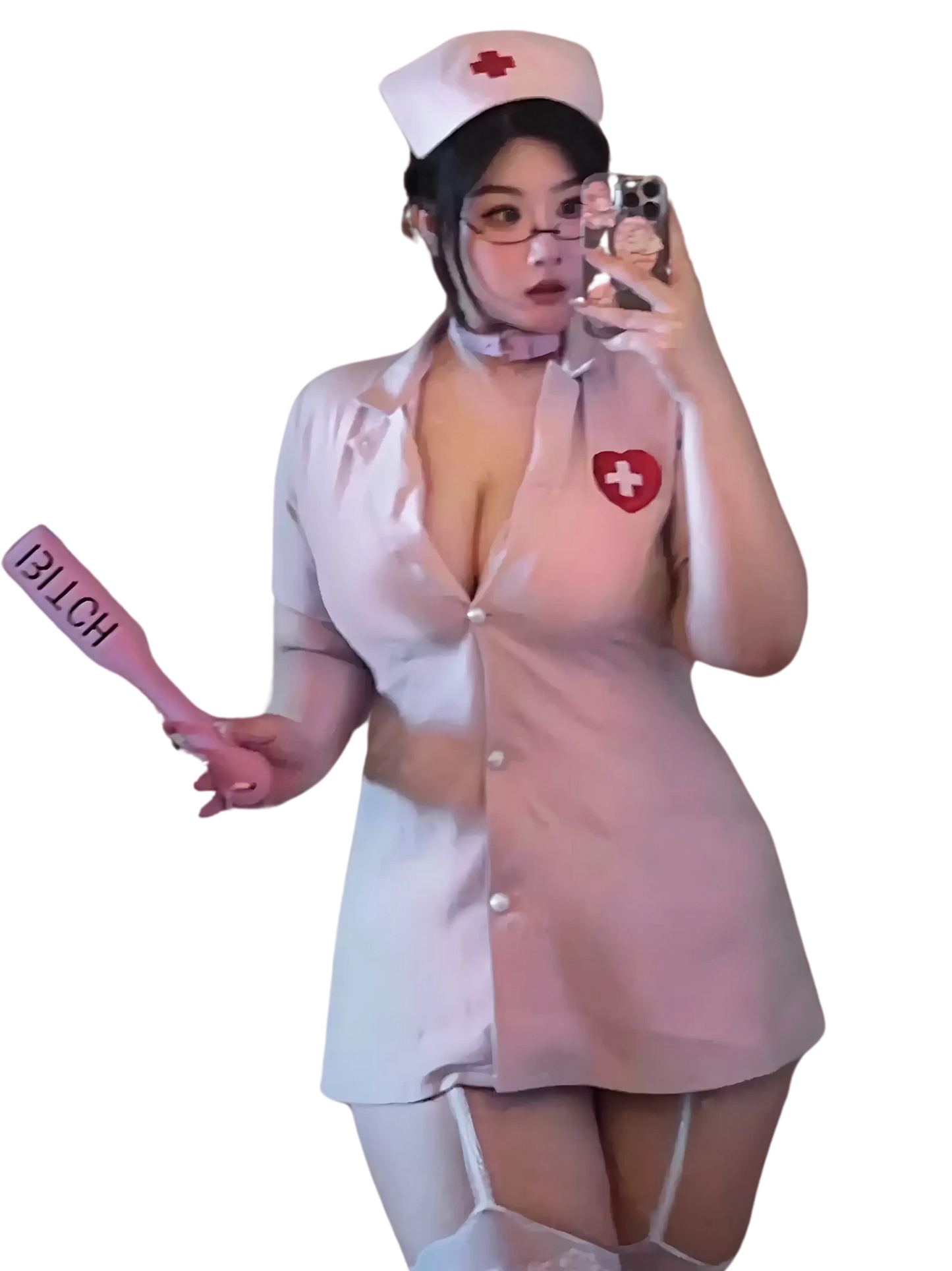 Sexy pink nurse costume worn by plus size model in dim lighting with “BITCH” paddle accessory.
